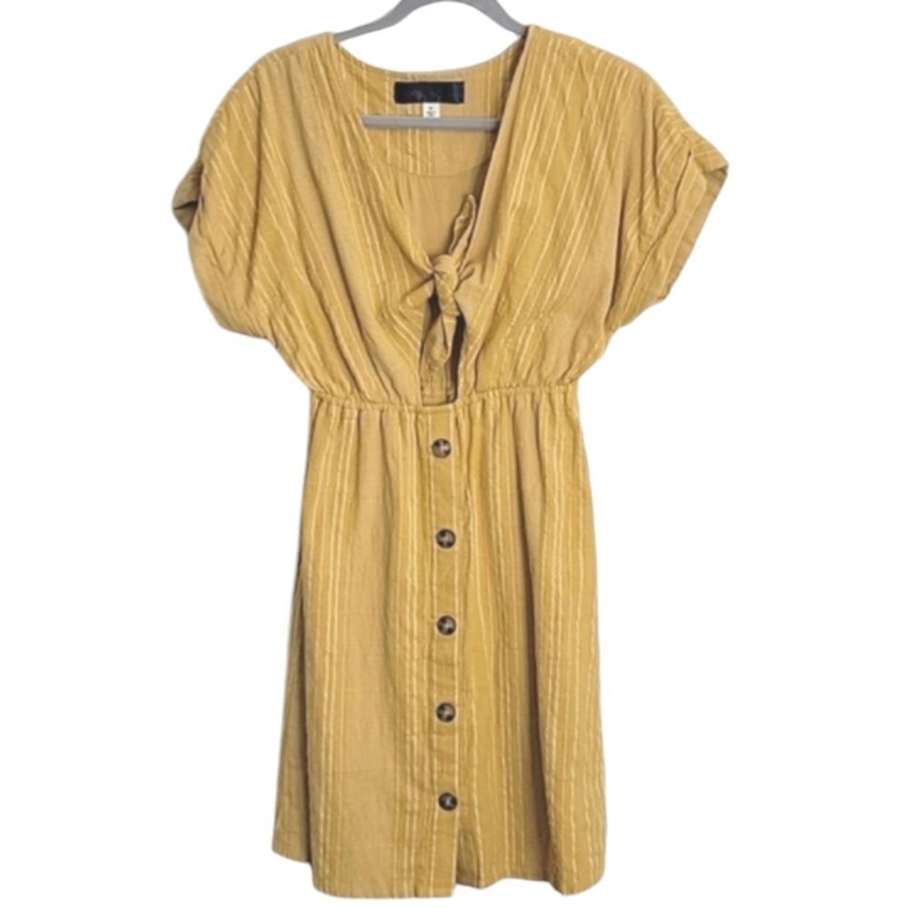 Francesca's Blue Rain Striped Dress Mini Medium Tie Front Cap Sleeve V N…